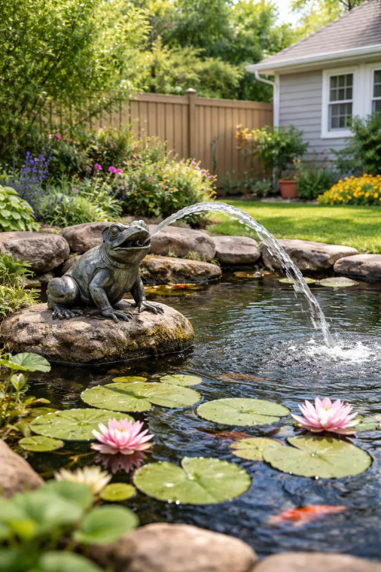 A realistic photo of a typical American home's backyard featuring a small bronze frog statue sitting on a stone and spouting a stream of water into a small pond surrounded by lily pads.