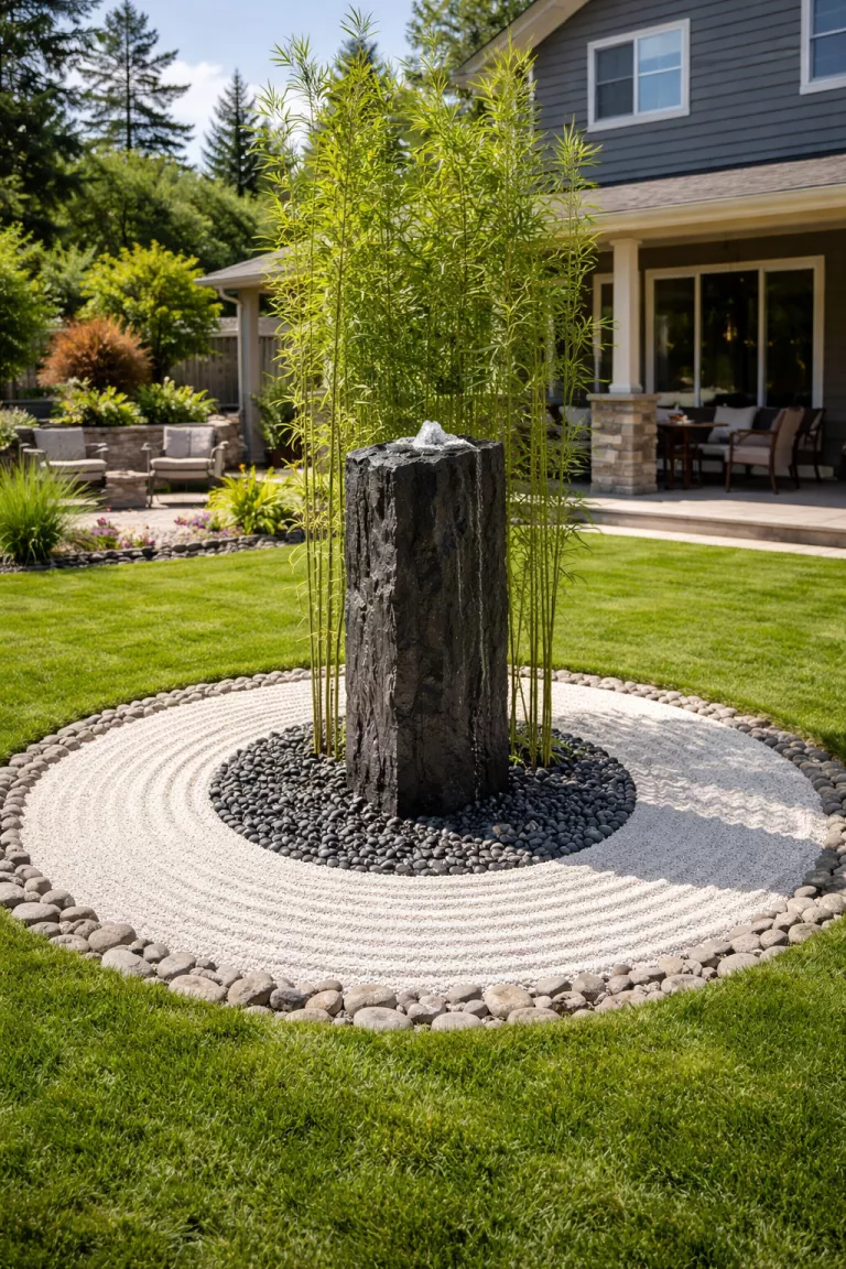 A realistic photo of a typical American home's backyard featuring a dark gray basalt column standing over a circular bed of perfectly raked white gravel with a few stalks of green bamboo.