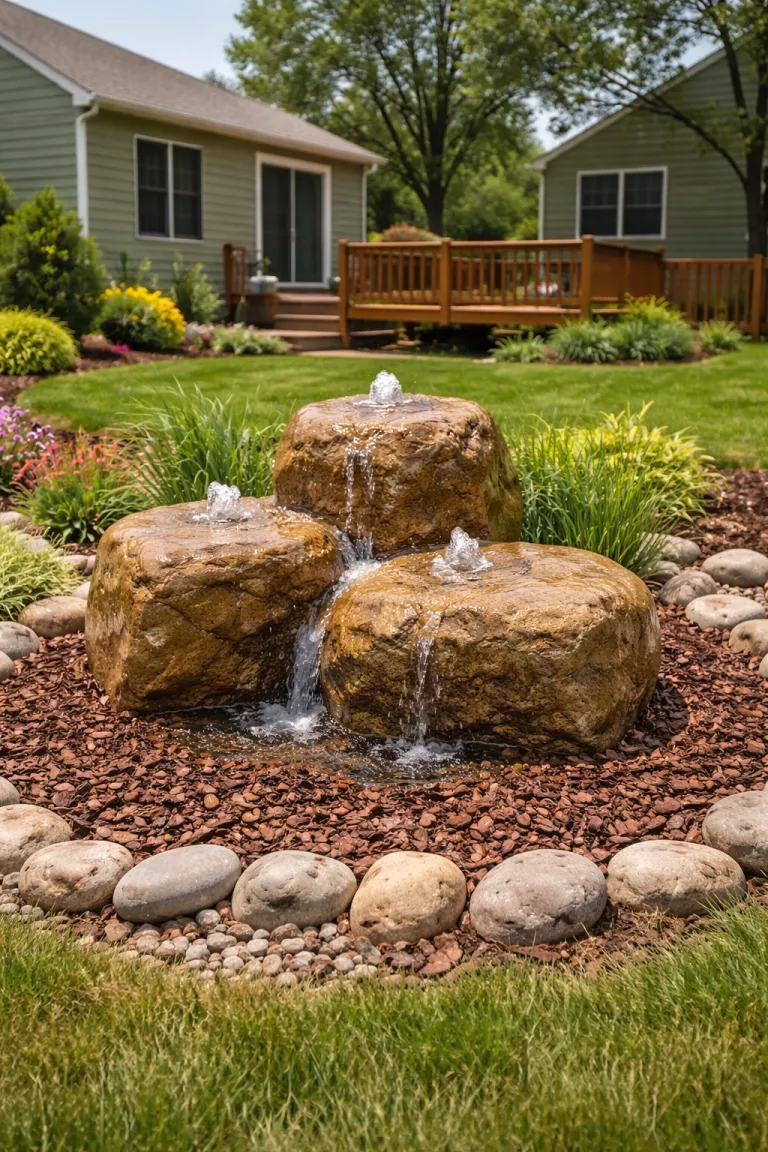A realistic photo of a typical American home's backyard showing three large tan stacked river rocks with water bubbling from the top stone and trickling down into a hidden basin covered by small brown wood chips.
