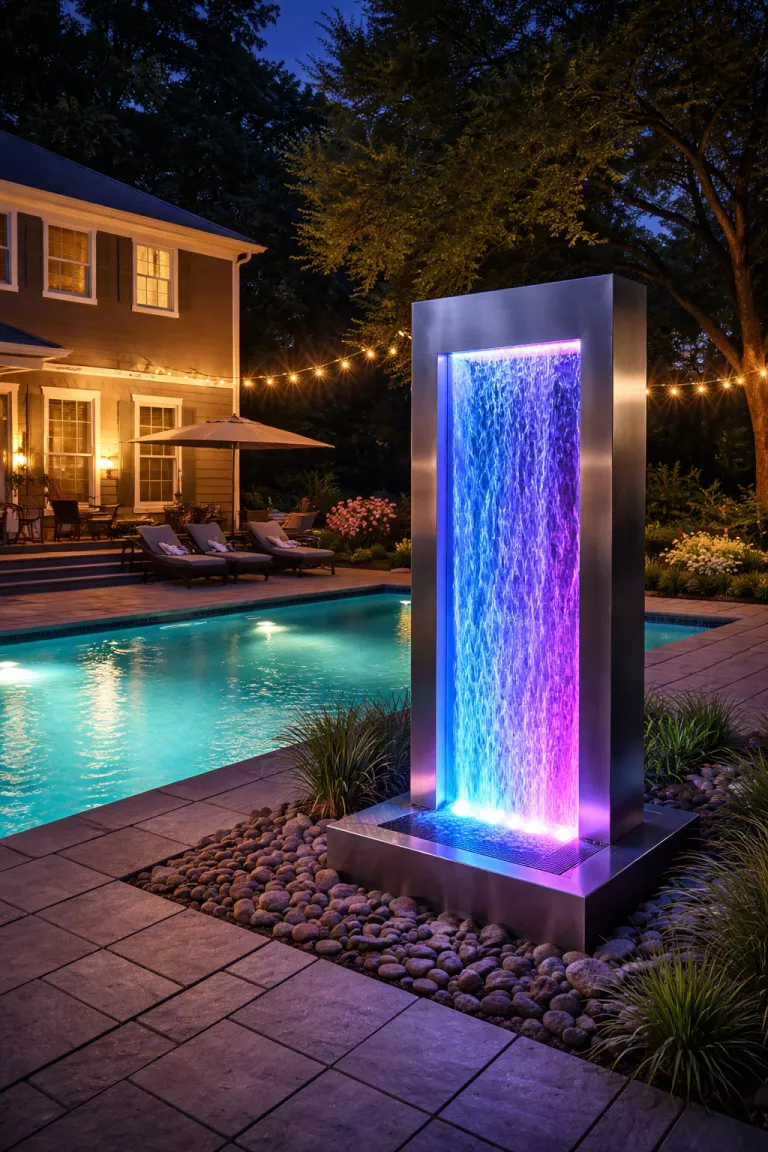 A realistic photo of a typical American home's backyard at night with a tall stainless steel rectangular fountain glowing with blue and purple LED lights next to a swimming pool.