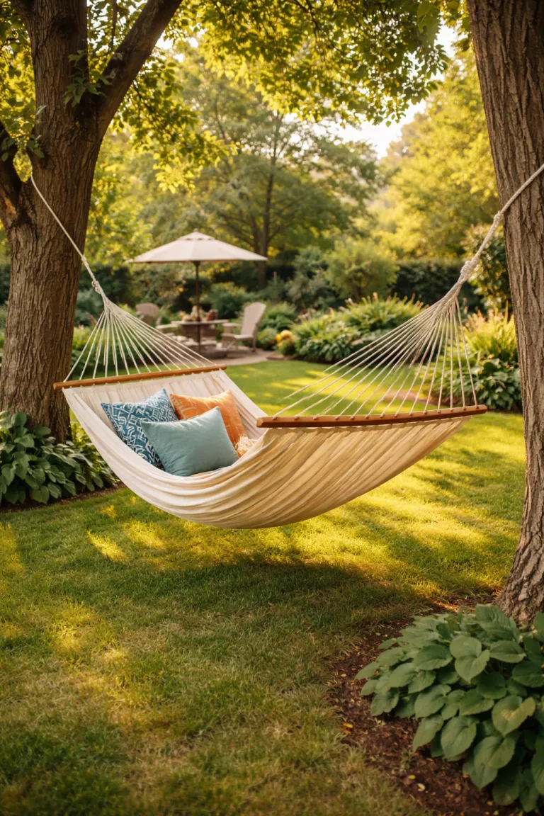 A realistic photo of a typical American home's backyard featuring a large cream colored fabric hammock with a wooden spreader bar hanging between two large trees with several colorful pillows inside.