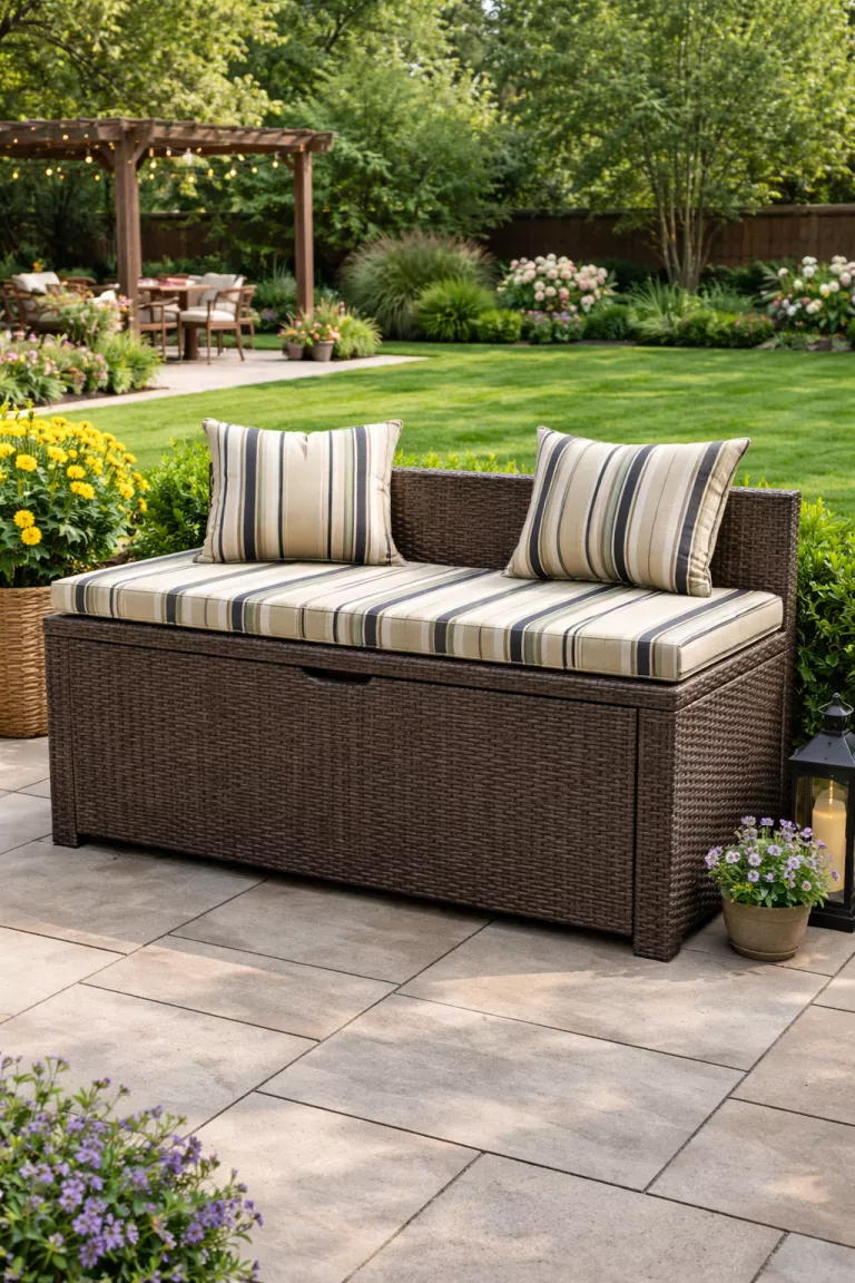 A realistic photo of a typical American home's backyard showing a large brown resin wicker storage chest with a flat top used as a bench with a striped cushion sitting on a tiled patio.