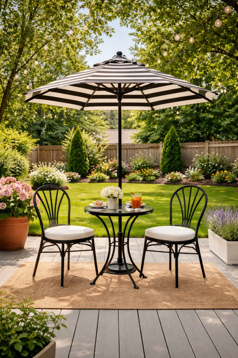 A realistic photo of a typical American home's backyard featuring two black metal French bistro chairs with white cushions and a small round table under a striped umbrella on a deck.