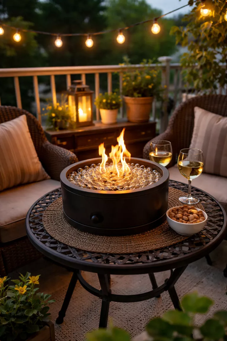 A realistic photo of a typical American home's backyard show a small black circular tabletop propane fire pit with glass beads and dancing flames sitting on a small metal bistro table on a cozy balcony.