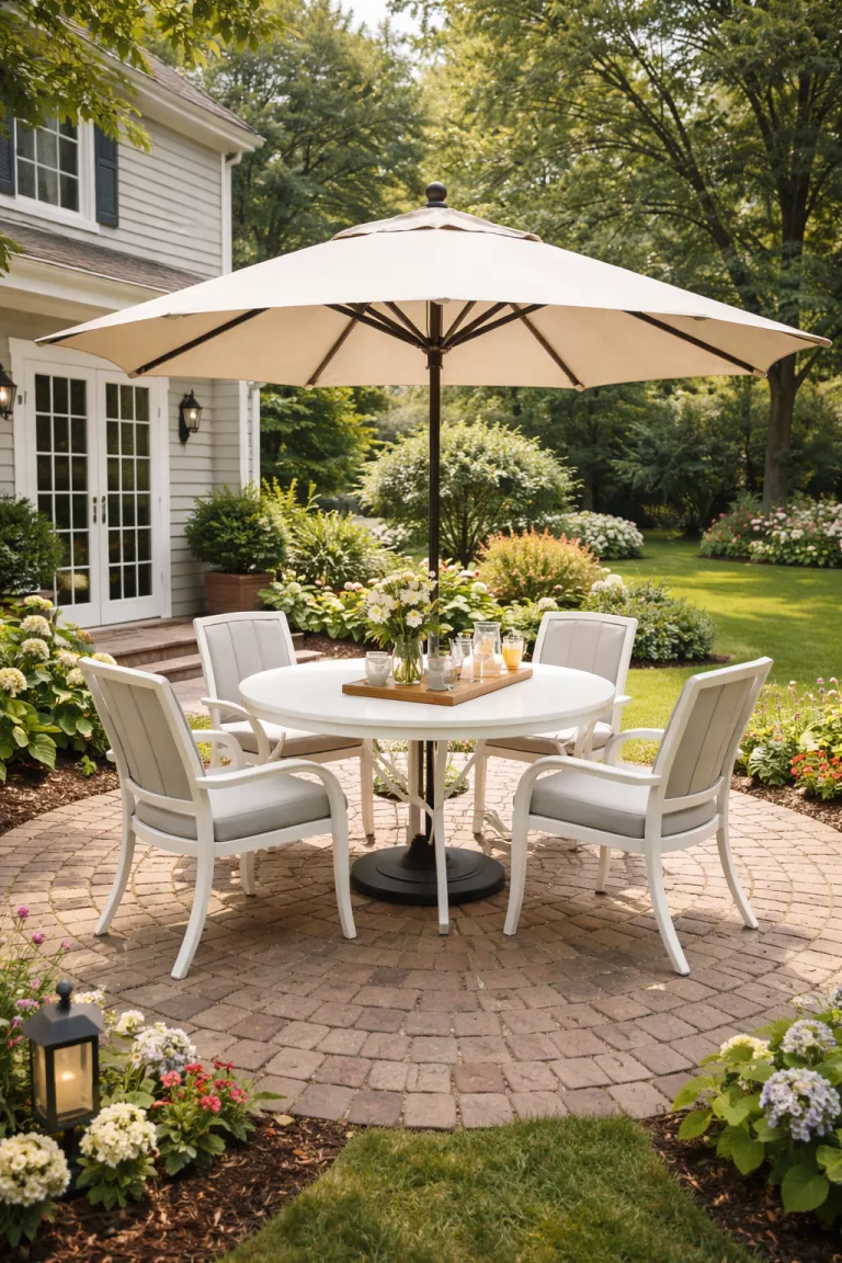 A realistic photo of a typical American home's backyard featuring a round white aluminum dining table with four matching curved chairs sitting on a brick patio under a large umbrella.