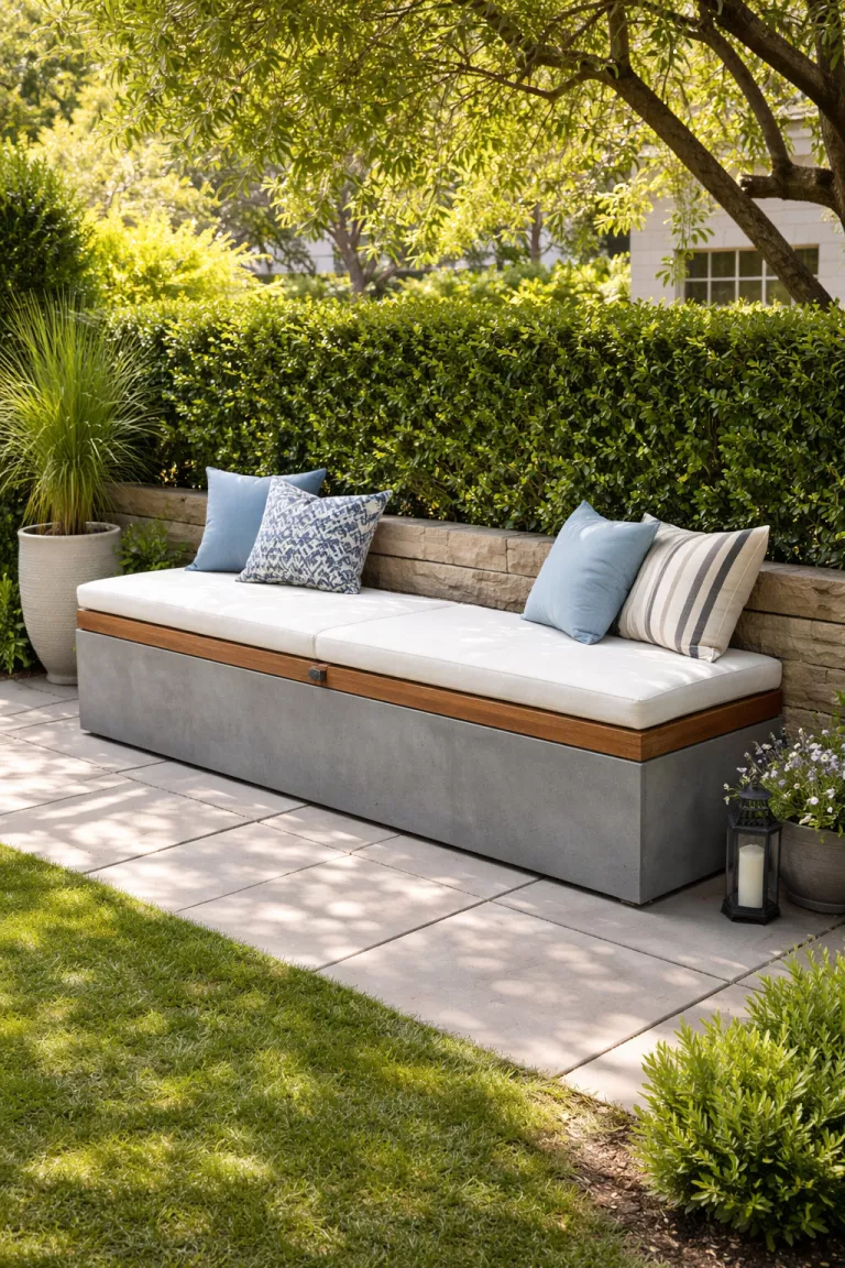 A realistic photo of a typical American home's backyard showing a long gray concrete and teak wood hybrid bench with a hinged lid and a thick white cushion sitting against a garden wall.