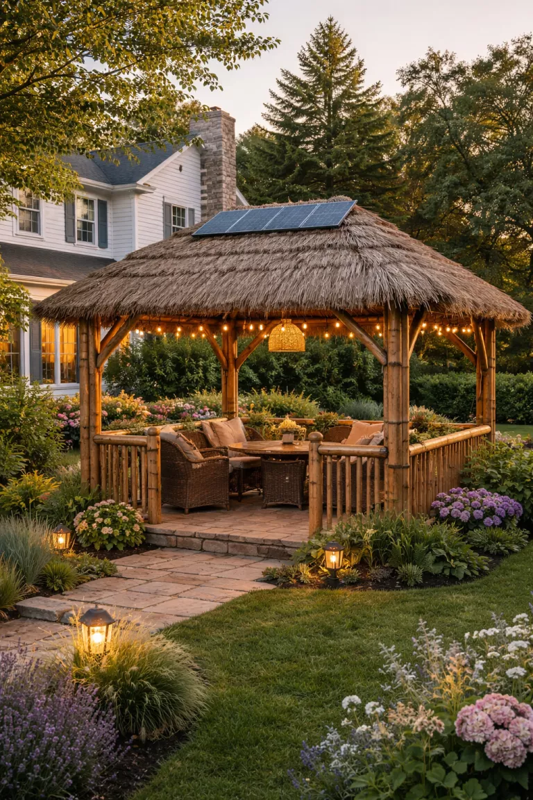 A realistic photo of a traditional American home's backyard featuring a gazebo made entirely from thick aged bamboo poles, with a thatched grass roof and solar panels discreetly mounted on top to power small garden lights.