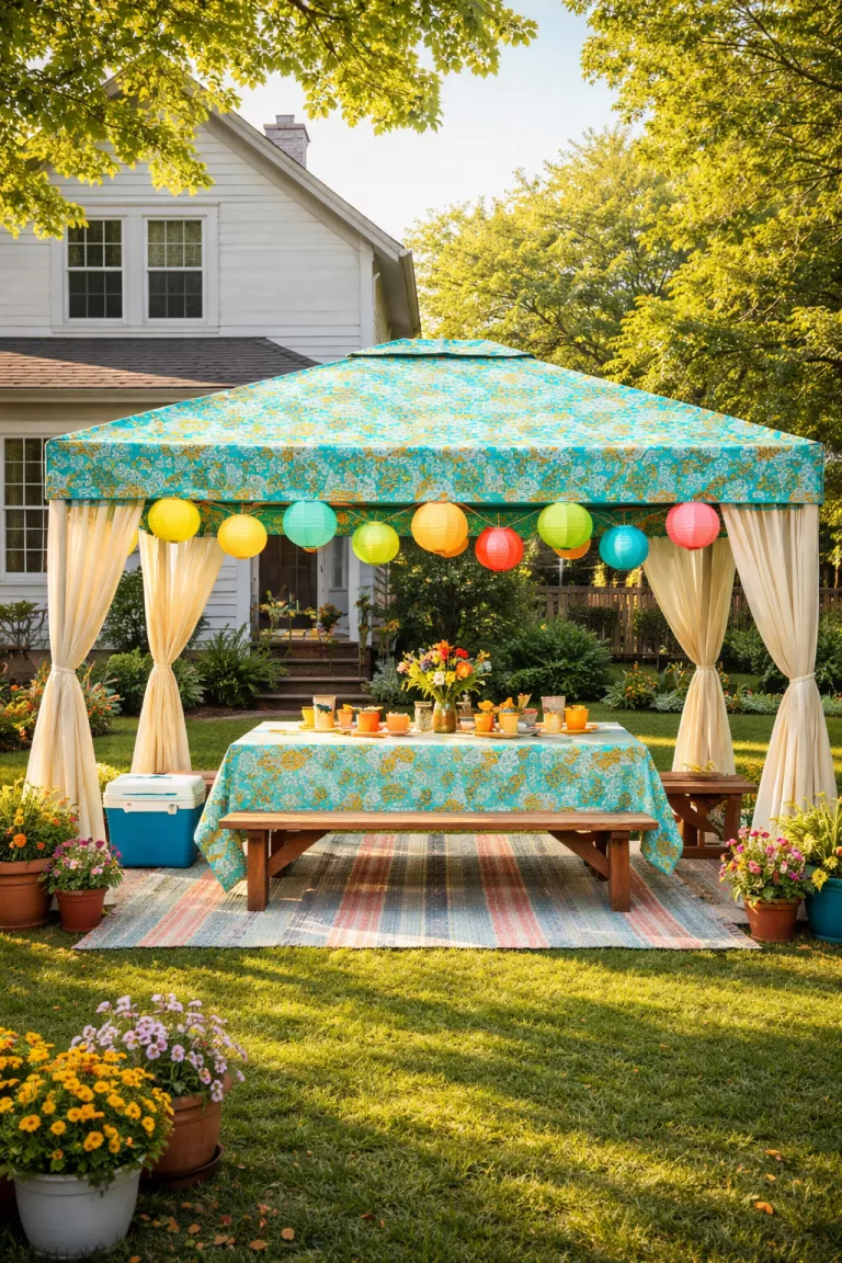 A realistic photo of a traditional American home's backyard with a gazebo featuring a bright turquoise and yellow patterned fabric canopy, hanging colorful paper lanterns, and a picnic table with a matching tablecloth.