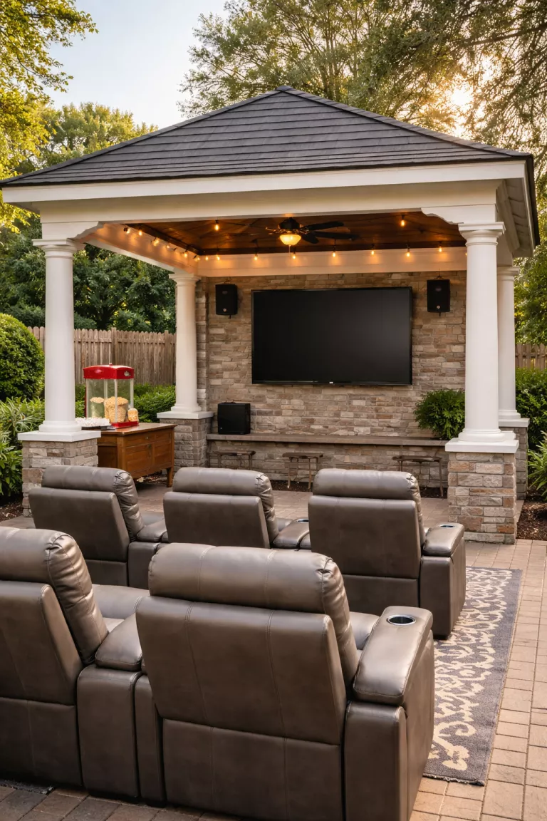 A realistic photo of a traditional American home's backyard with a large gazebo featuring a wall mounted outdoor television with the screen turned off, surround sound speakers, a small popcorn machine on a side table, and several comfortable theater style recliners.