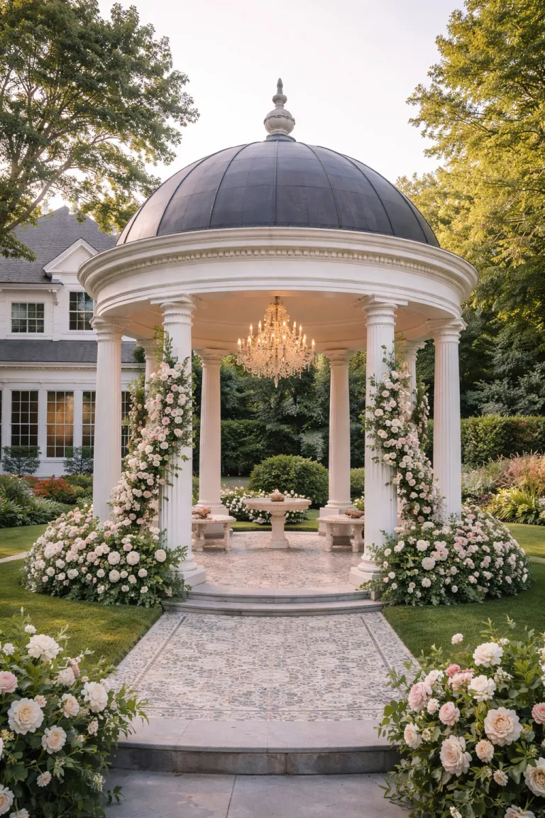 A realistic photo of a traditional American home's backyard showing a grand domed gazebo with white neoclassical columns, a mosaic tiled floor, a crystal chandelier hanging from the center, and floral arches wrapping around the base.