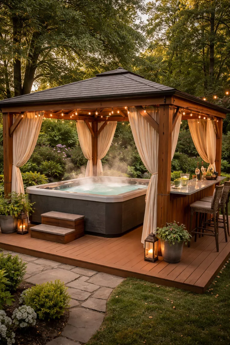 A realistic photo of a traditional American home's backyard with an enclosed wooden gazebo housing a steaming square hot tub, featuring floor to ceiling privacy curtains, non slip cedar decking, and a small side bar for drinks.