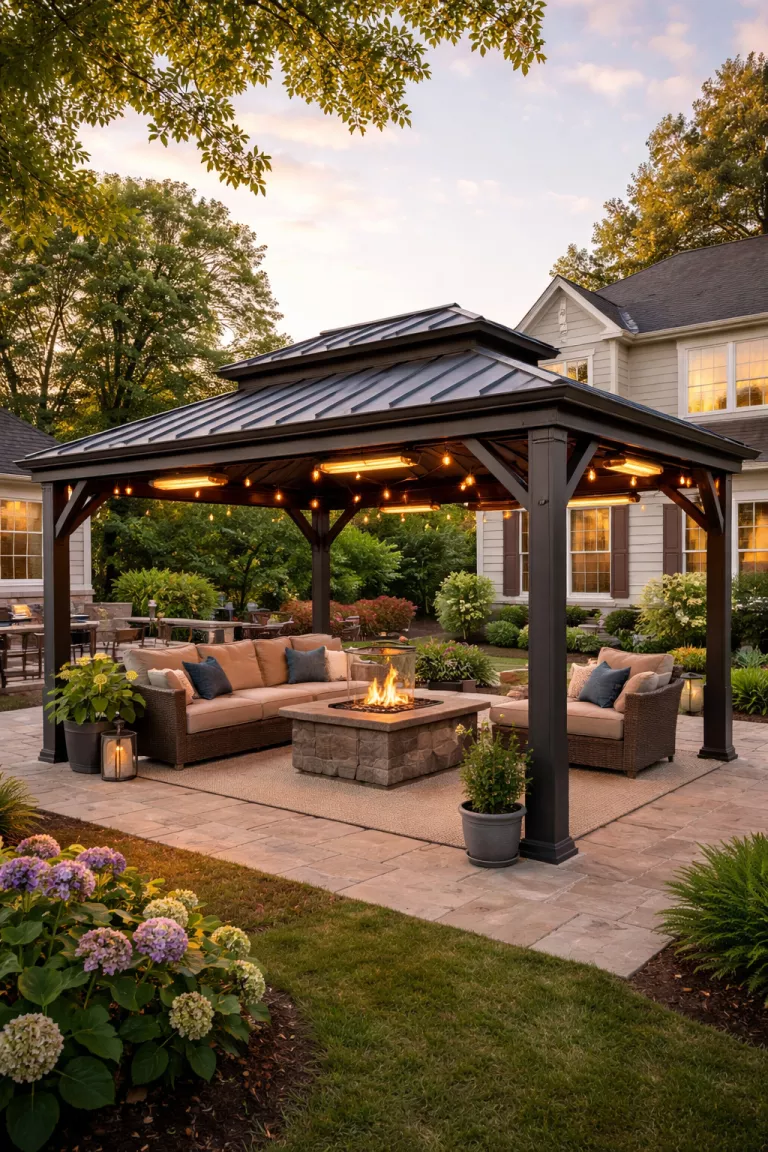 A realistic photo of a traditional American home's backyard with a heavy duty metal hardtop gazebo, featuring a double tiered roof for airflow, built in gutter systems, and outdoor heaters mounted to the ceiling beams.