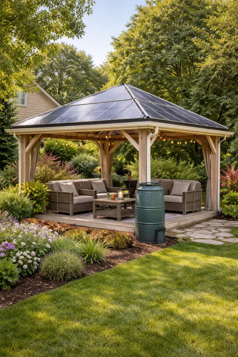 A realistic photo of a traditional American home's backyard with an off grid gazebo featuring a roof covered in sleek solar panels, a rain barrel collection system at the corner, and recycled composite furniture inside.