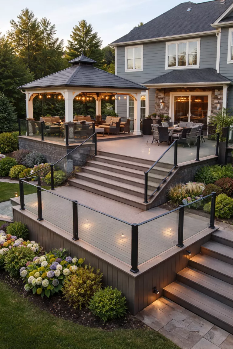 A realistic photo of a traditional American home's backyard featuring a multi level composite deck with a gazebo sitting on the highest tier, connected by wide stairs and surrounded by glass railings for an unobstructed view.