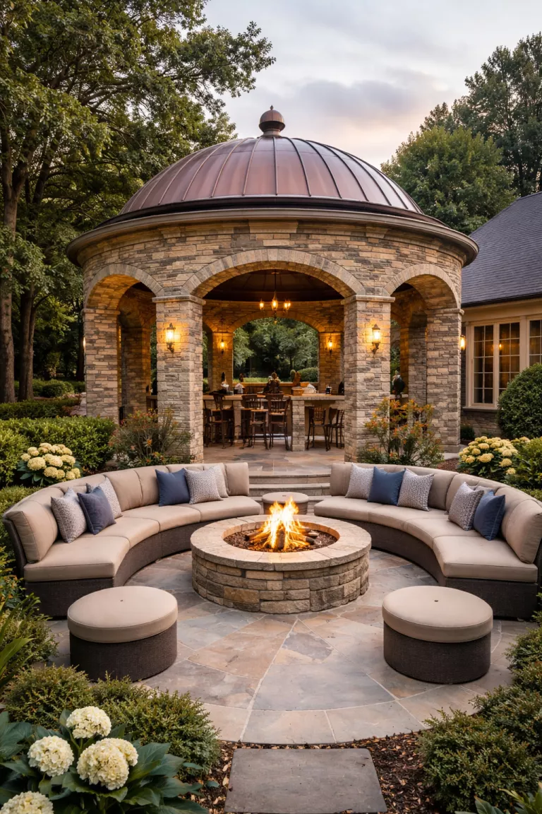 A realistic photo of a traditional American home's backyard featuring a grand stone pavilion with thick masonry columns, a domed copper roof, arched entryways, and a built in stone fire bowl surrounded by cushioned circular seating.