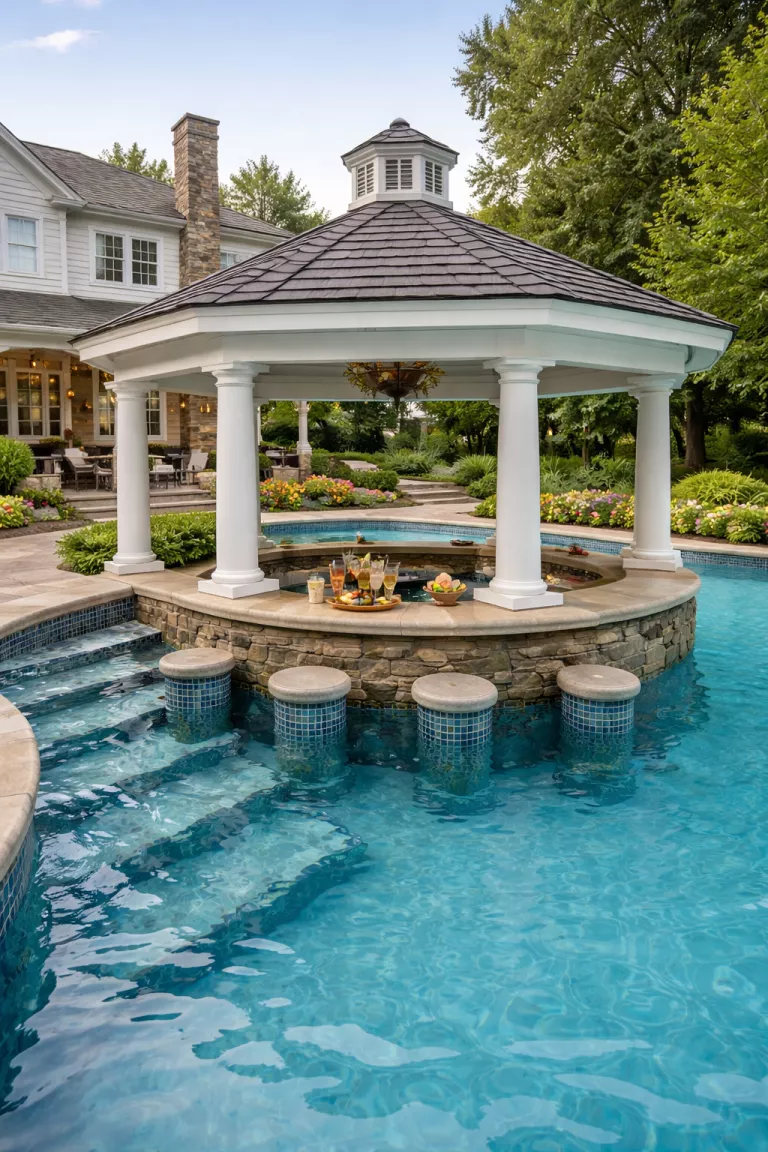 A realistic photo of a traditional American home's backyard featuring a gazebo built right on the edge of a swimming pool, with a submerged stone counter and underwater bar stools for swimmers to sit and enjoy drinks.