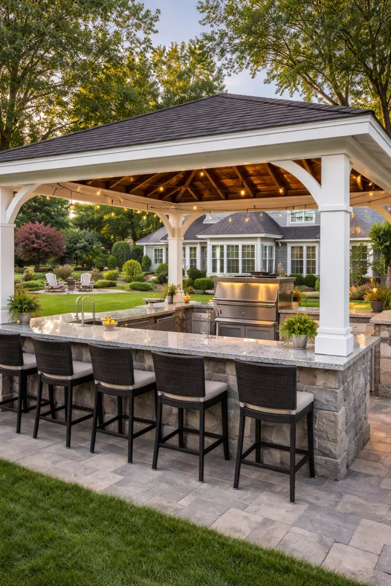 A realistic photo of a traditional American home's backyard with a large gazebo containing a built in stainless steel grill, stone countertops, a sink, and a high bar with several stools for guests to sit.