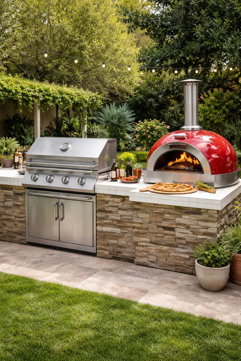 A realistic photo of a typical American home's backyard showing a combination cooking station with a stainless steel gas grill and a red dome pizza oven on a white tile countertop.
