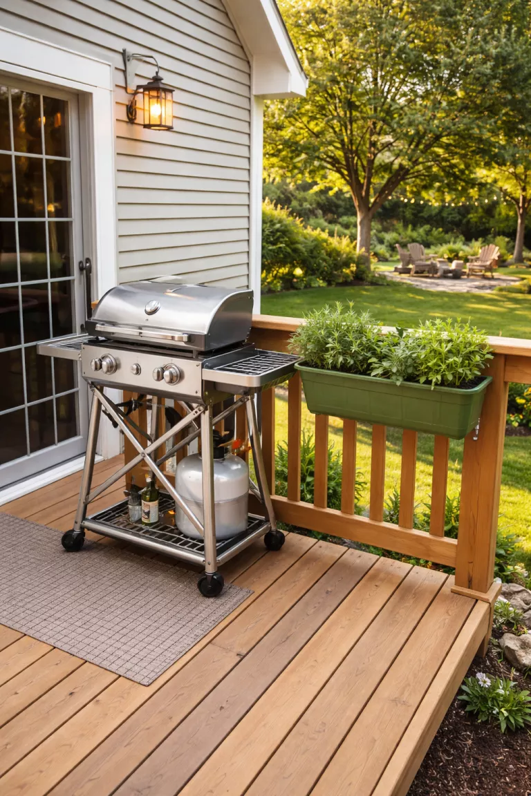 A realistic photo of a typical American home's backyard featuring a small wooden balcony with a compact silver folding grill cart and a green herb planter box attached to the railing.