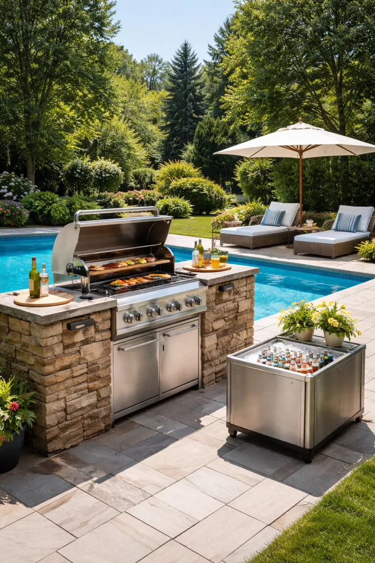 A realistic photo of a typical American home's backyard featuring a stone grill station next to a crystal blue swimming pool with a white umbrella and a small beverage cooler.