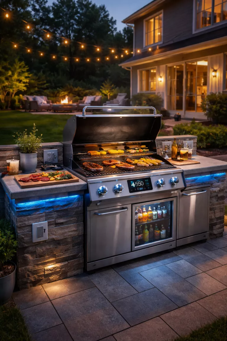 A realistic photo of a typical American home's backyard with a high-tech grill station featuring a digital screen on the grill, silver weather-resistant outlets, and smart LED lights.