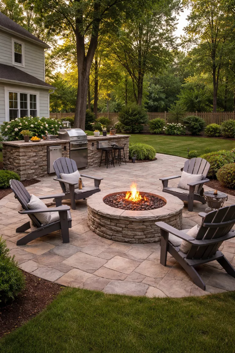 A realistic photo of a typical American home's backyard showing a stone patio with a built-in grill area and a round stone fire pit surrounded by gray Adirondack chairs.
