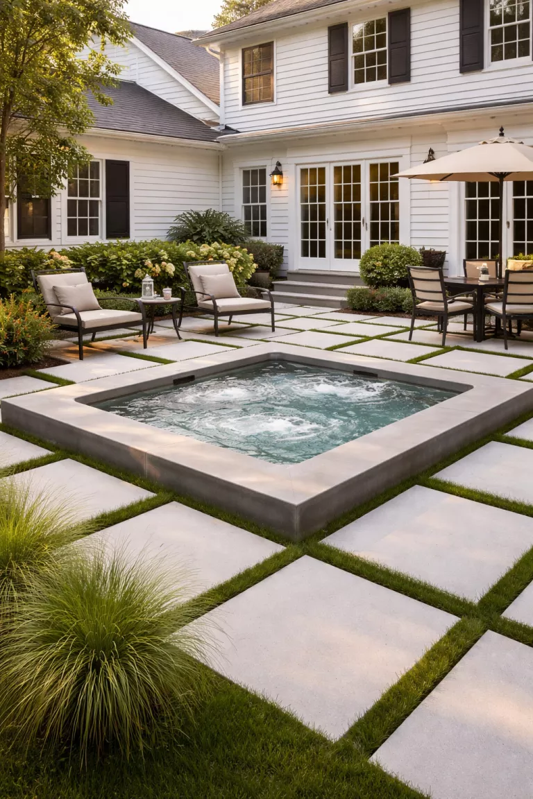A realistic photo of a traditional American home's backyard featuring a square hot tub with smooth gray concrete edges, set into a patio of large white square tiles with strips of green grass between them and minimal metal furniture.