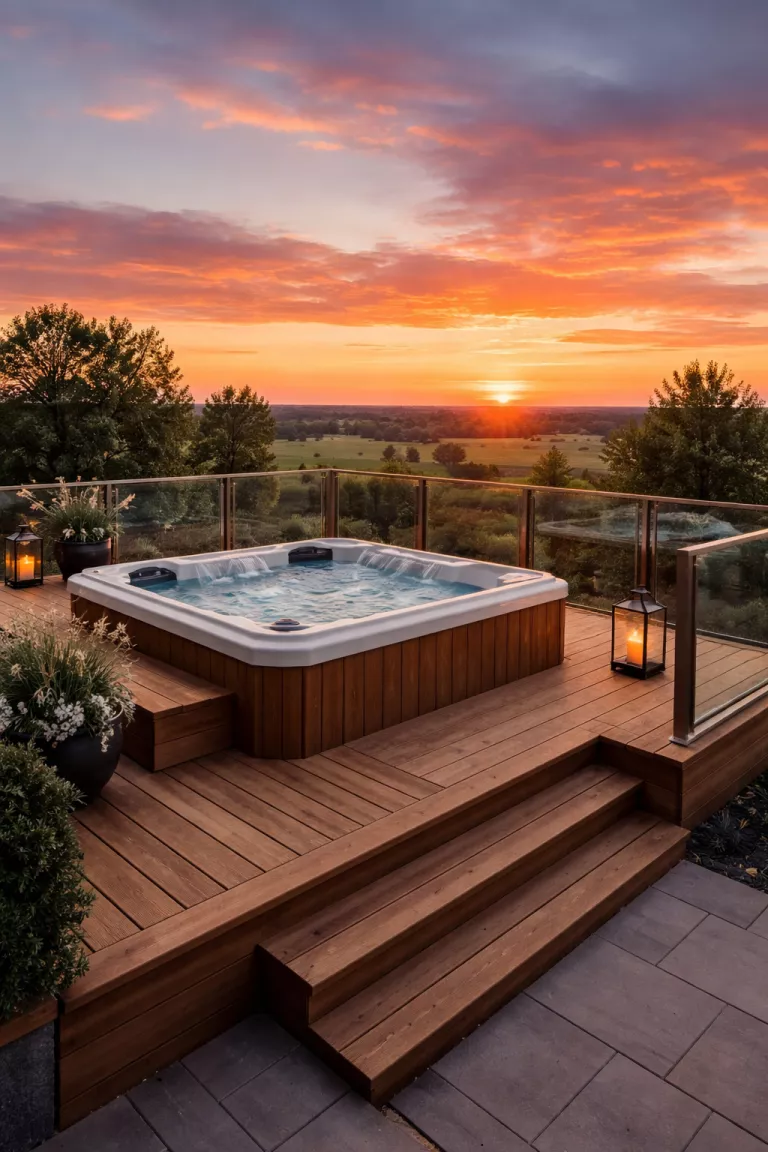 A realistic photo of a traditional American home's backyard featuring an elevated wooden platform with a hot tub, positioned to face a horizon where the sky is orange and pink, with clear glass railings for an unblocked view.