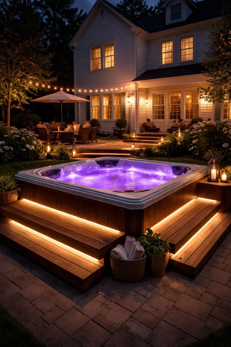 A realistic photo of a traditional American home's backyard at night, showing a hot tub glowing with vibrant purple LED lights from within the water and warm white strip lighting hidden under the surrounding wooden steps.