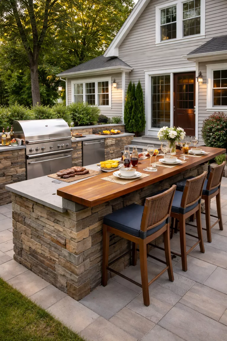 A realistic photo of a traditional American home's backyard showing a split-level countertop with a lower cooking surface and a raised wooden bar top for guests to sit at.