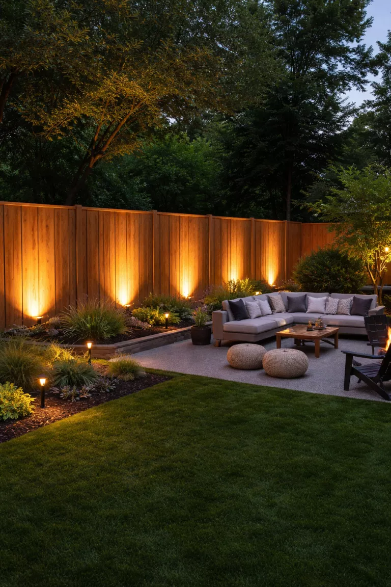 A realistic photo of a typical American home's backyard featuring slim black linear wall washers casting a warm glow onto a tall wooden fence.