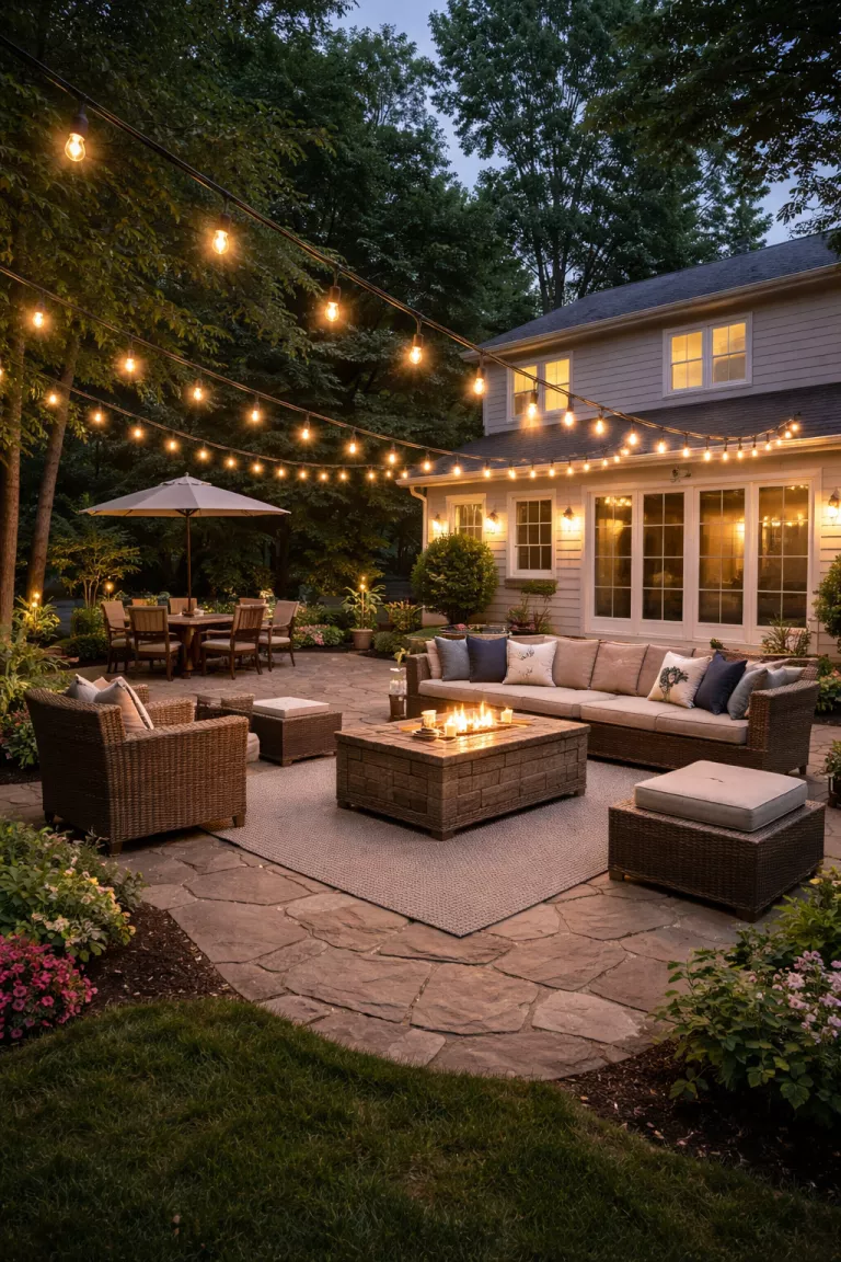 A realistic photo of a typical American home's backyard with weatherproof LED bistro strands hanging in a zigzag pattern over a stone patio with comfortable outdoor furniture.