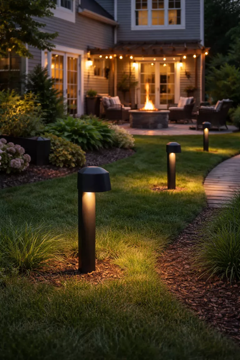 A realistic photo of a typical American home's backyard featuring dark bronze shielded bollard lights that point light only toward the ground.