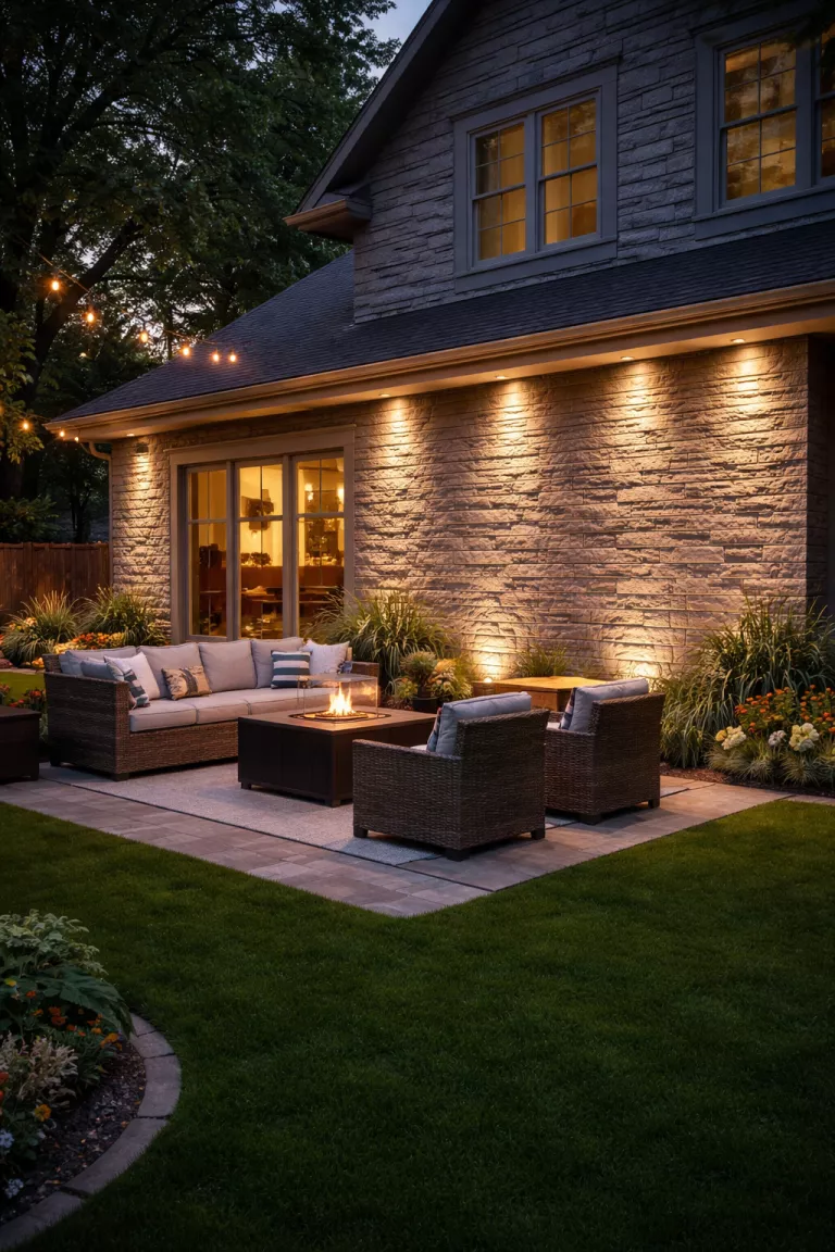 A realistic photo of a typical American home's backyard showing linear wall washing fixtures highlighting the grey stone texture of the house exterior.