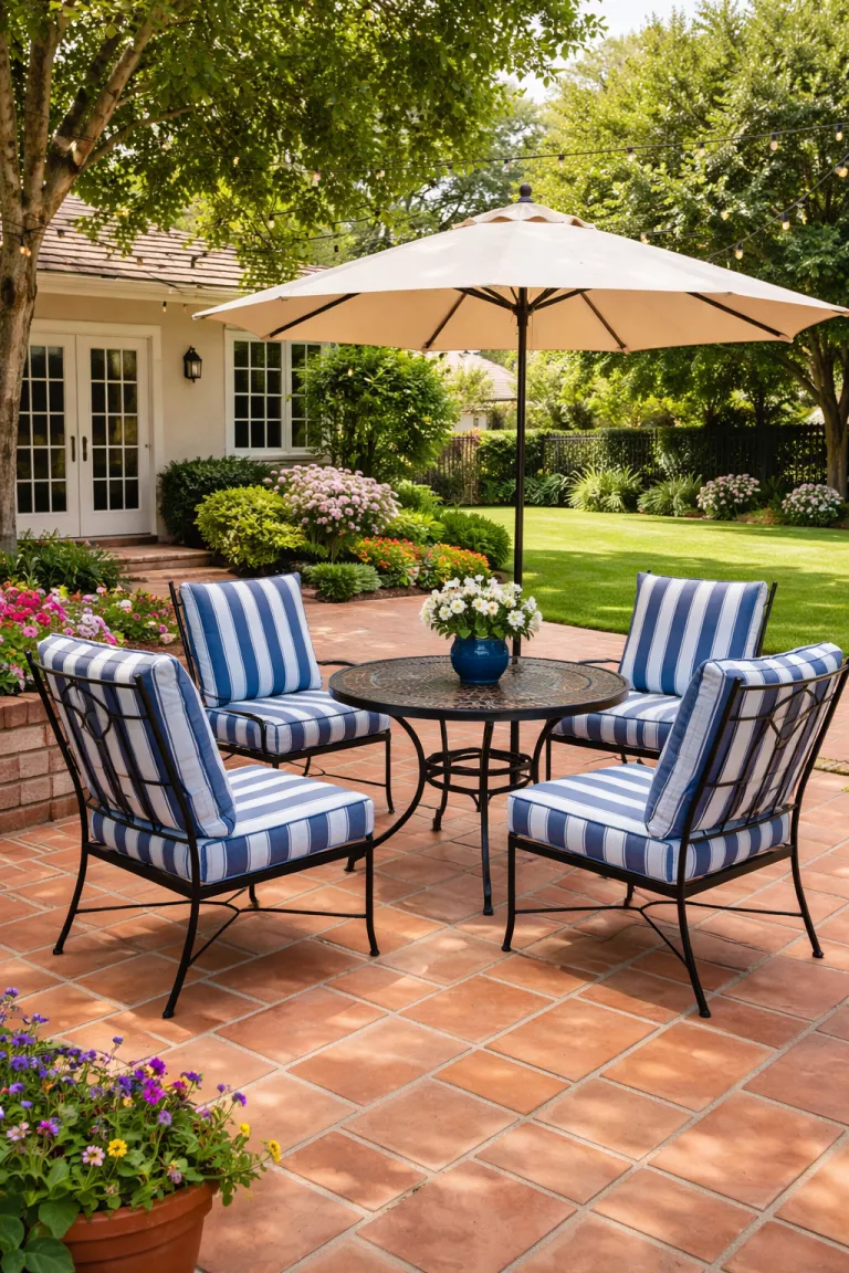 A realistic photo of a typical American home's backyard featuring terracotta floor tiles and black wrought iron chairs with blue and white striped cushions.