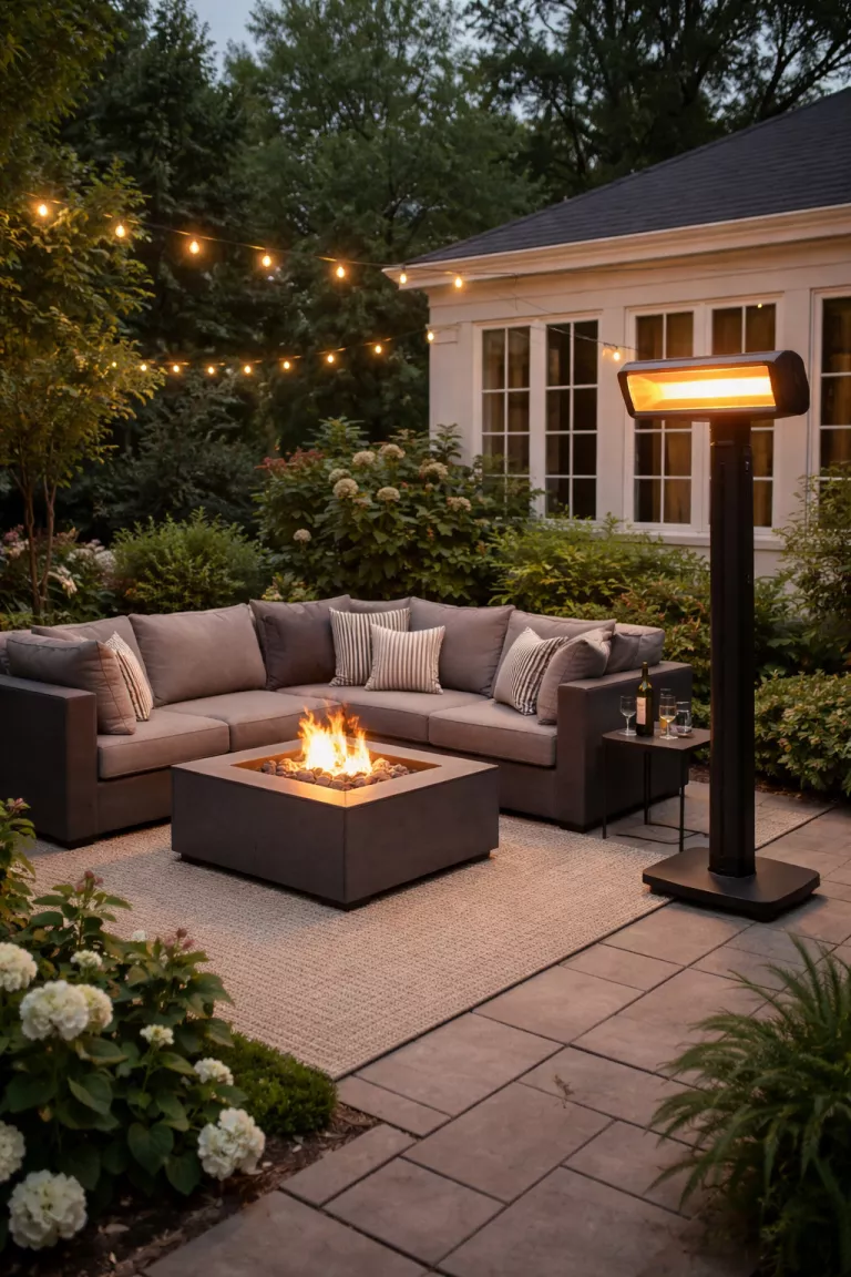 A realistic photo of a typical American home's backyard featuring a modern gray sectional and a black smart patio heater with glowing orange lights.
