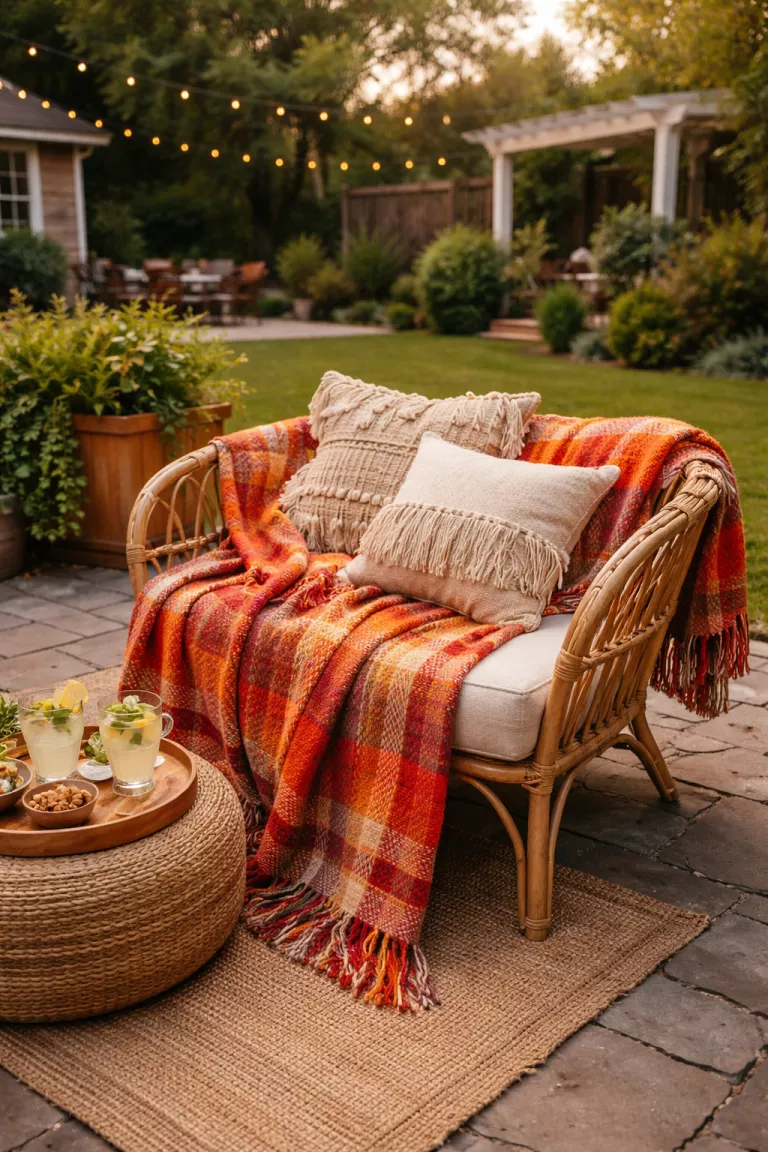 A realistic photo of a typical American home's backyard featuring a colorful orange and red woven throw blanket draped over a rattan chair with several fringed pillows.
