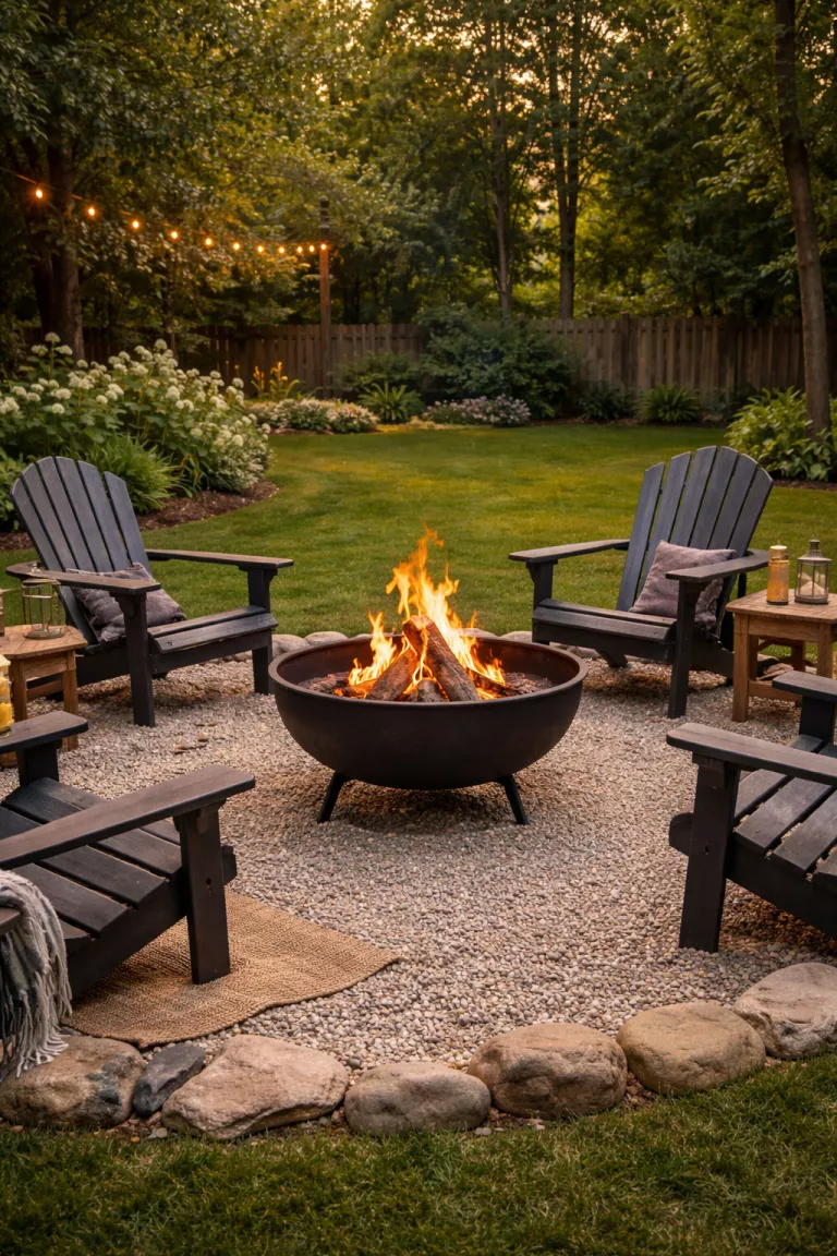 A realistic photo of a typical American home's backyard with a modern black steel portable fire bowl surrounded by Adirondack chairs on a gravel area.