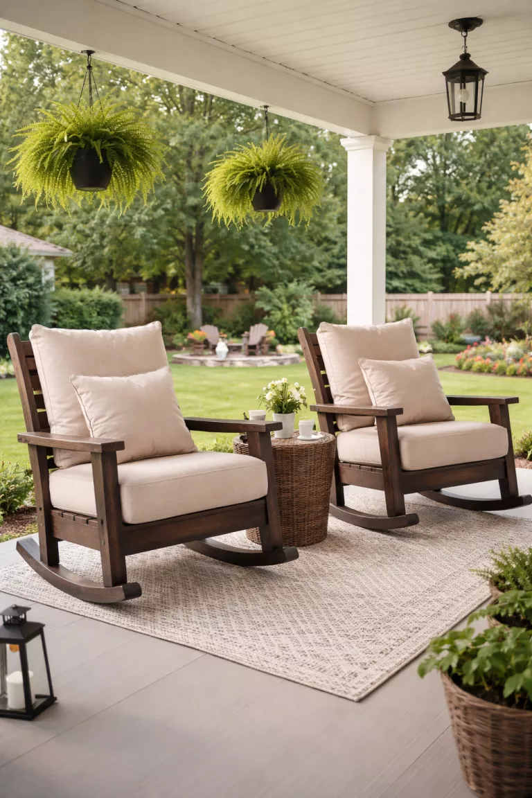 A realistic photo of a typical American home's backyard featuring two oversized dark wood rocking chairs with thick beige cushions on a porch.
