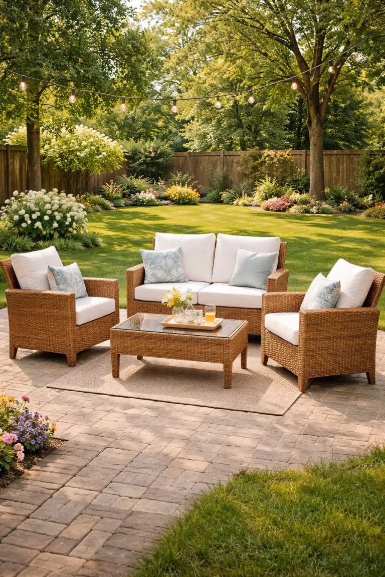 A realistic photo of a typical American home's backyard highlighting a honey toned synthetic wicker conversation set including a loveseat and two chairs with white weather resistant cushions.