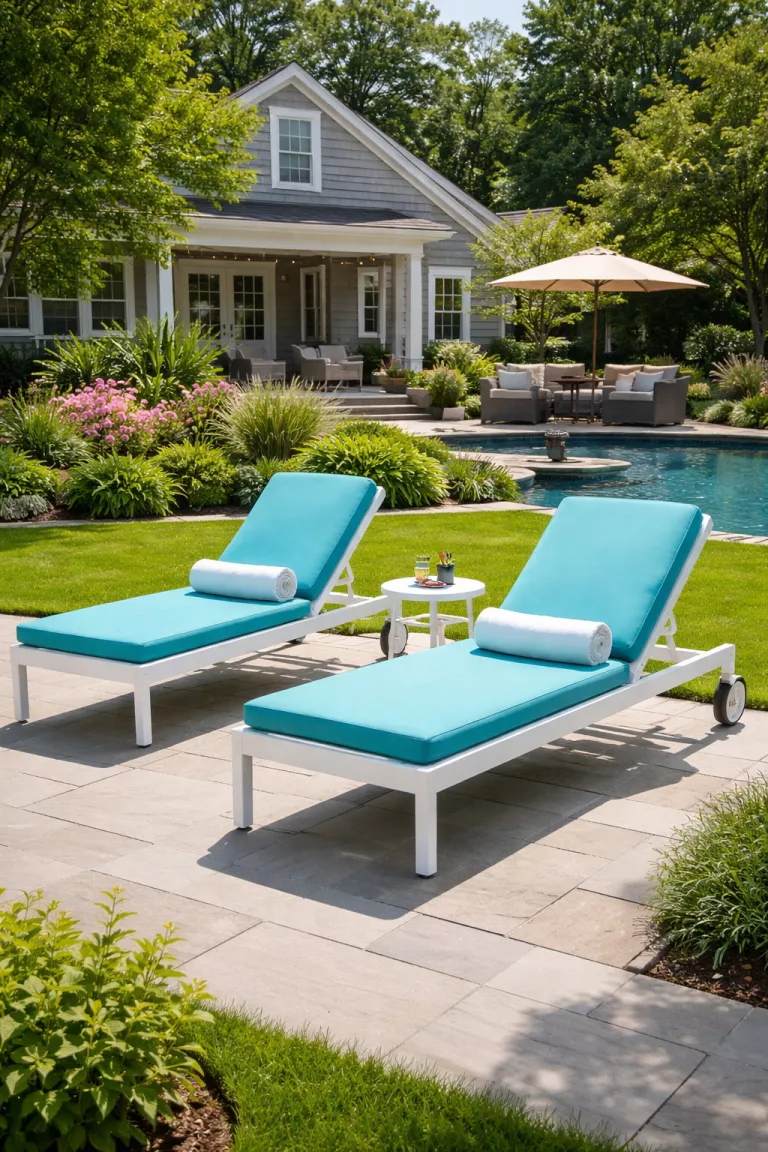 A realistic photo of a typical American home's backyard with two sleek white aluminum chaise lounges featuring turquoise cushions and small wheels for easy movement.