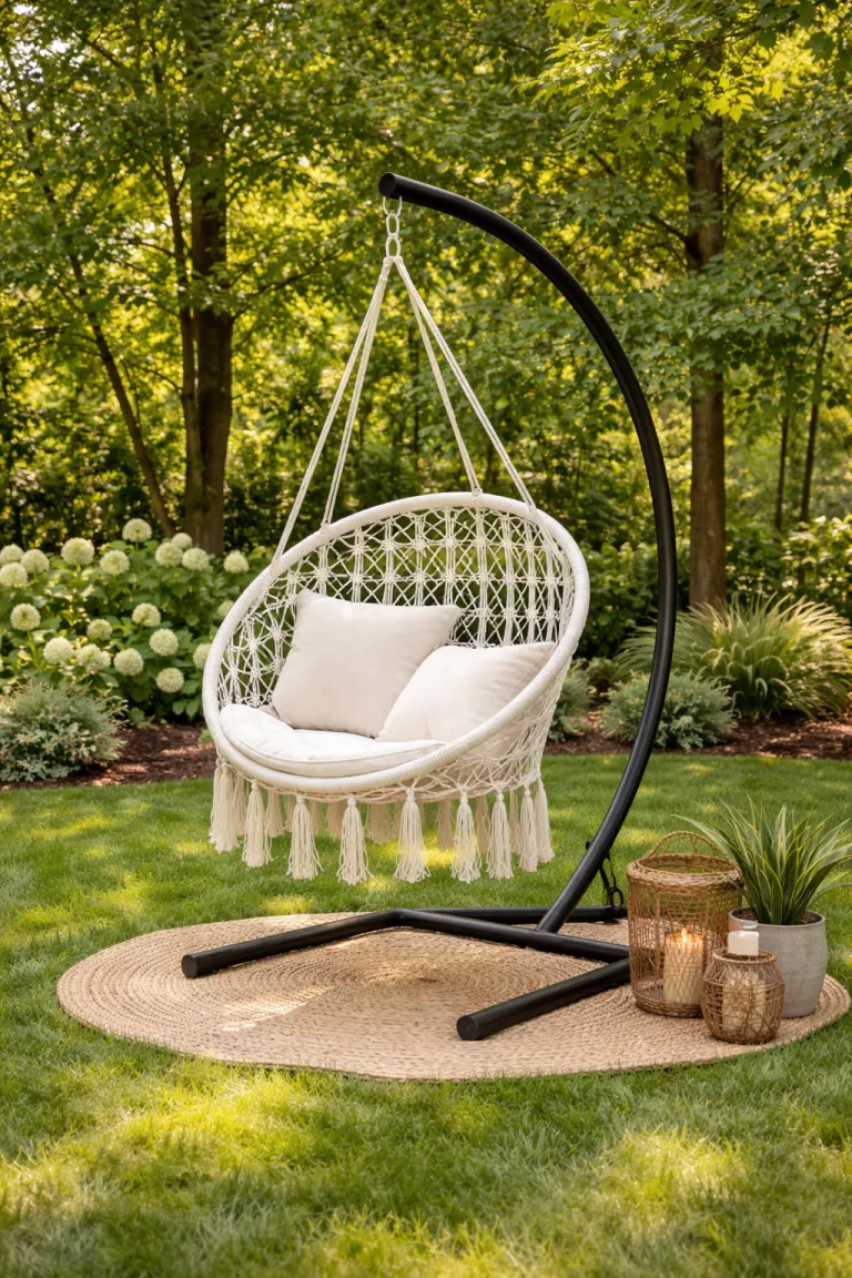 A realistic photo of a typical American home's backyard featuring a white macrame hanging egg chair suspended from a sturdy black metal stand near lush green trees.