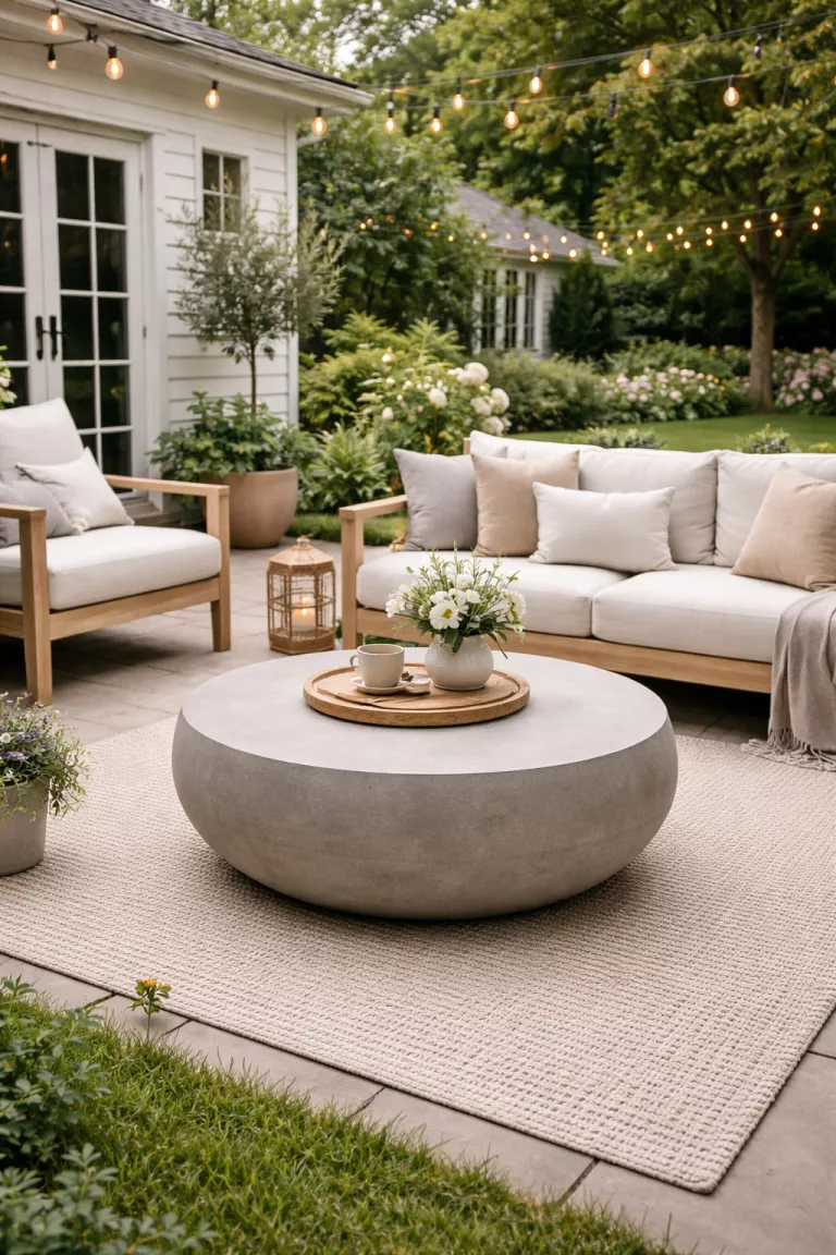 A realistic photo of a typical American home's backyard displaying a minimalist gray concrete coffee table in a sculptural round shape standing on a textured outdoor rug.