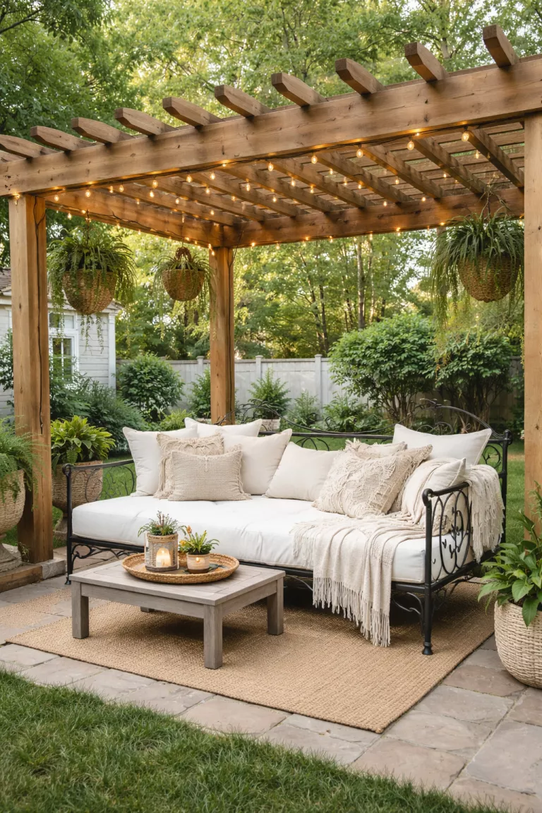 A realistic photo of a typical American home's backyard showing a sprawling iron daybed with white cushions and fringed cream pillows under a wooden pergola.