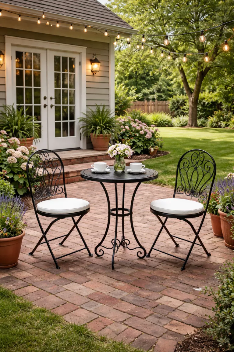 A realistic photo of a typical American home's backyard showcasing a small Parisian style black iron bistro table with two matching chairs on a brick patio.