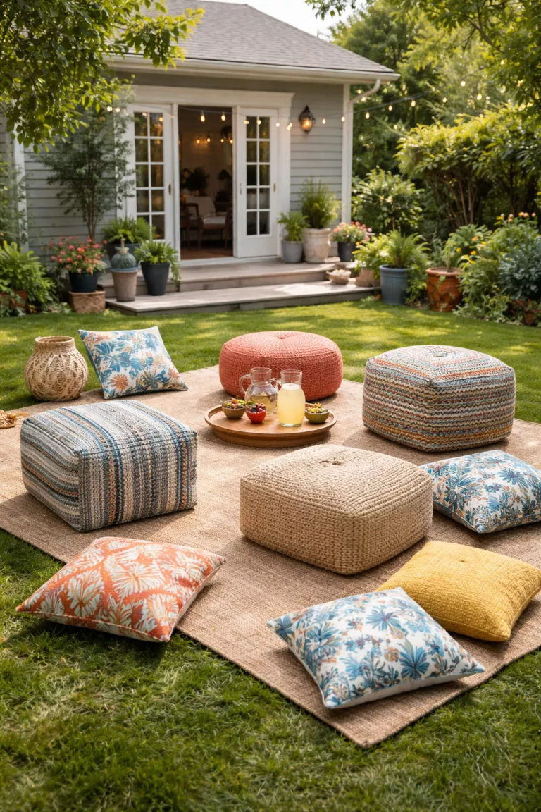 A realistic photo of a typical American home's backyard featuring several colorful woven outdoor floor poufs and patterned cushions scattered on a large jute rug.