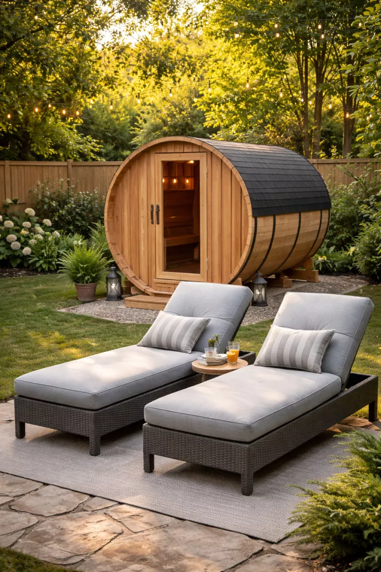 A realistic photo of a typical American home's backyard featuring two gray insulated outdoor loungers with thick cushions placed next to a small wooden barrel sauna.