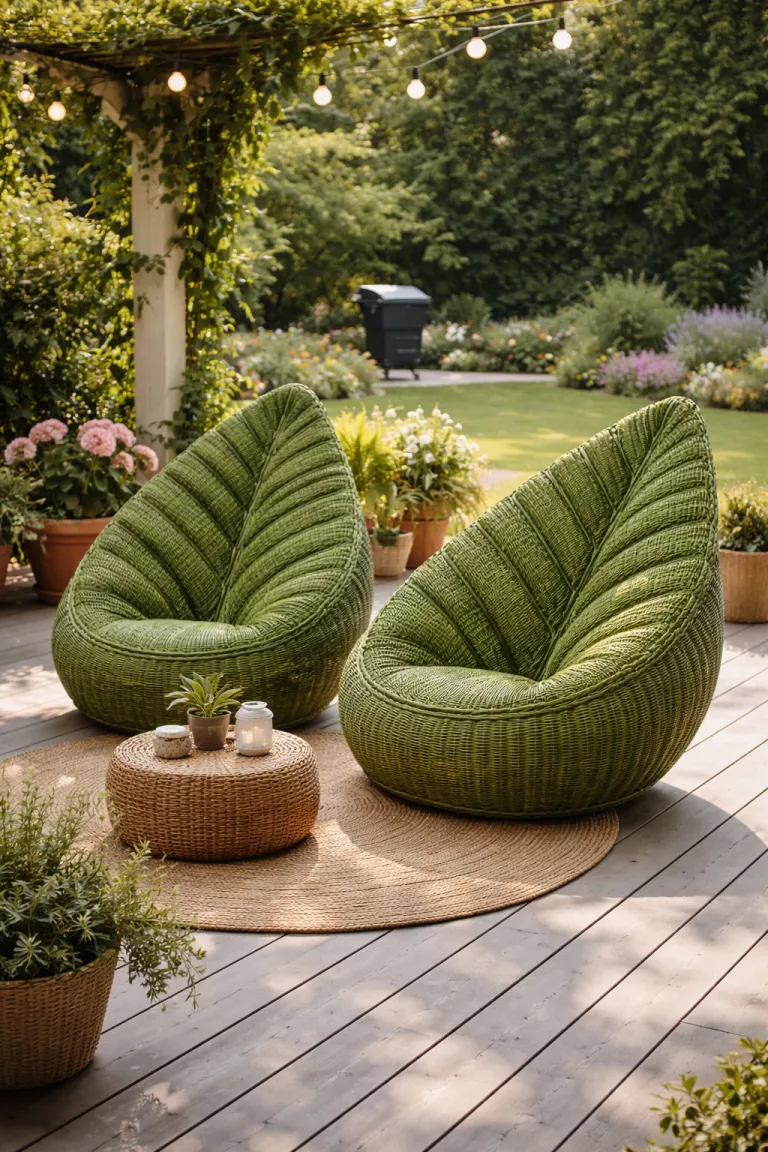 A realistic photo of a typical American home's backyard featuring two organic shaped woven chairs that look like green fern leaves grouped together on a deck.