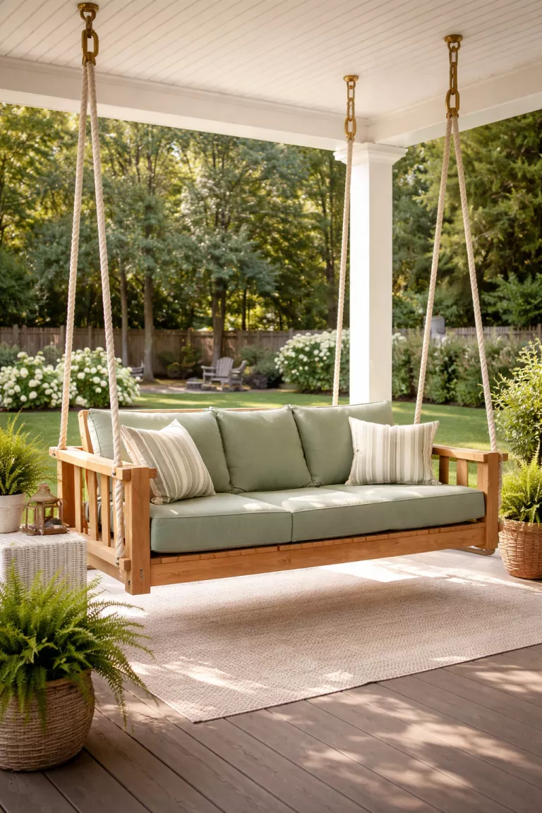 A realistic photo of a typical American home's backyard featuring a natural wood porch swing with thick white ropes and sage green cushions hanging from a porch ceiling.