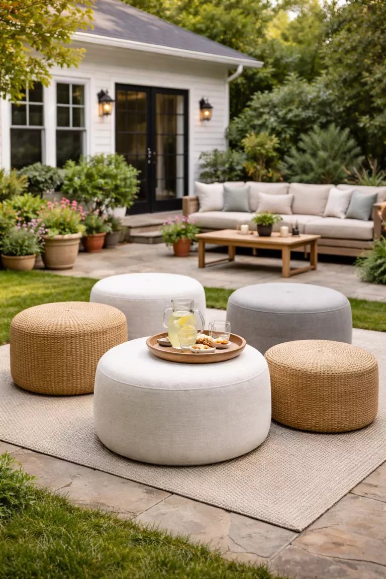 A realistic photo of a typical American home's backyard showcasing a cluster of round ottomans in white linen, natural rattan, and gray concrete textures.
